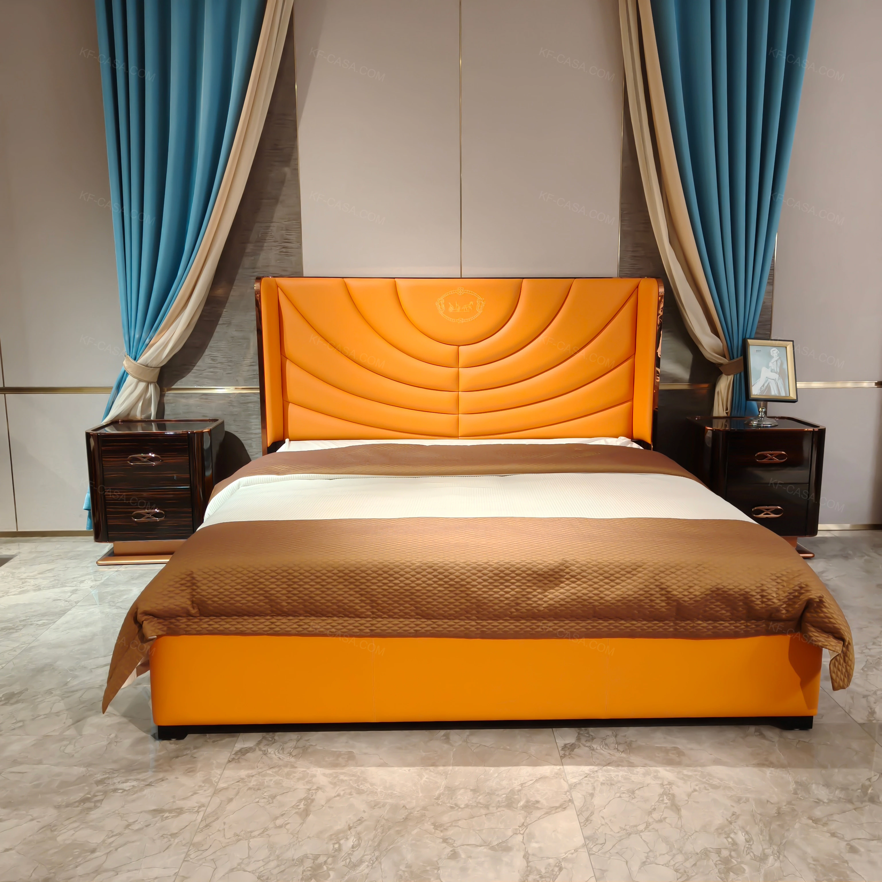 Orange King Size Bed Set Luxury Bedroom Furniture Modern Room with Mattress Frame Double Queen Beds Upholstered King Size Bed